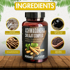 Ashwagandha Shilajit Complex 500mg – 60 Capsules - VIGOUR SHILAJIT UK